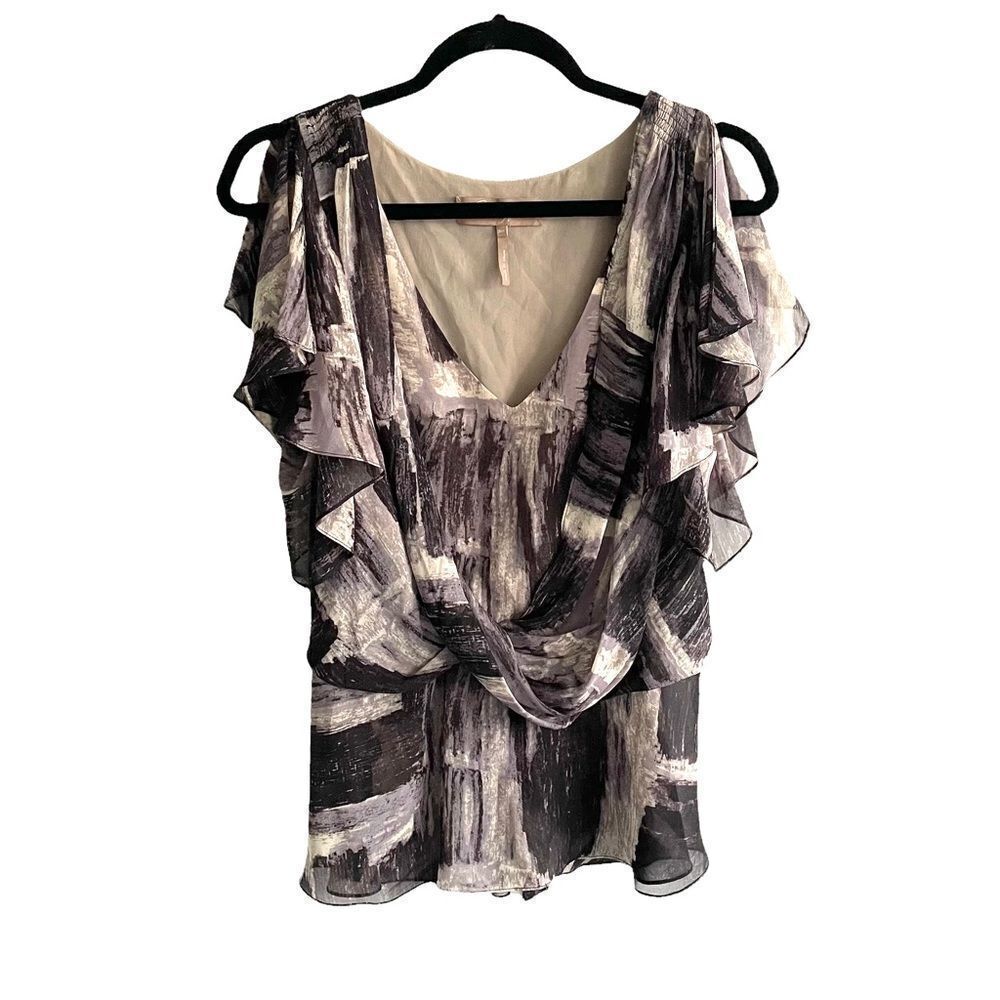 BCBGMAXAZRIA Silk Sleeveless V-Neck Printed Blouse Top Tank Top Black Comb XXS